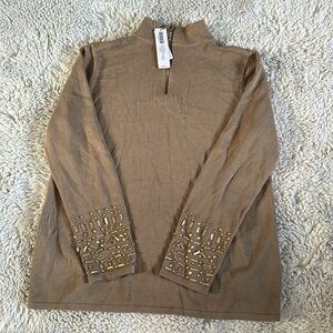 Chicos bejeweled mock neck dakota wheat light olivelong sleeve sweater. Size 2P
